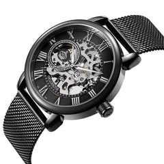 Men's Mechanical Watch with Hollow Roman Dial & Leather Band