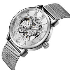 Men's Mechanical Watch with Hollow Roman Dial & Leather Band