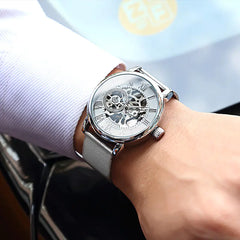Men's Mechanical Watch with Hollow Roman Dial & Leather Band