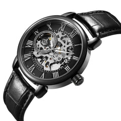 Men's Mechanical Watch with Hollow Roman Dial & Leather Band