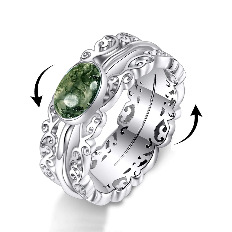 Natural Moss Agate Fidget Ring - 925 Sterling Silver Anxiety Relief Ring