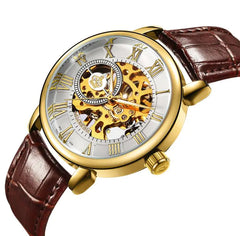 Men's Mechanical Watch with Hollow Roman Dial & Leather Band
