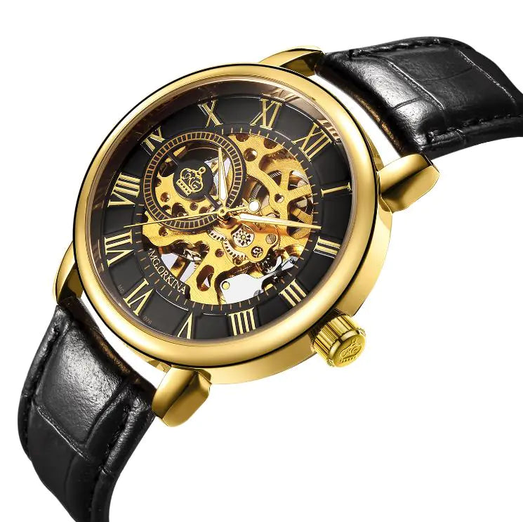 Men's Mechanical Watch with Hollow Roman Dial & Leather Band