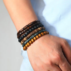 Men's Multi-Layer Wooden Bead Bracelet Set