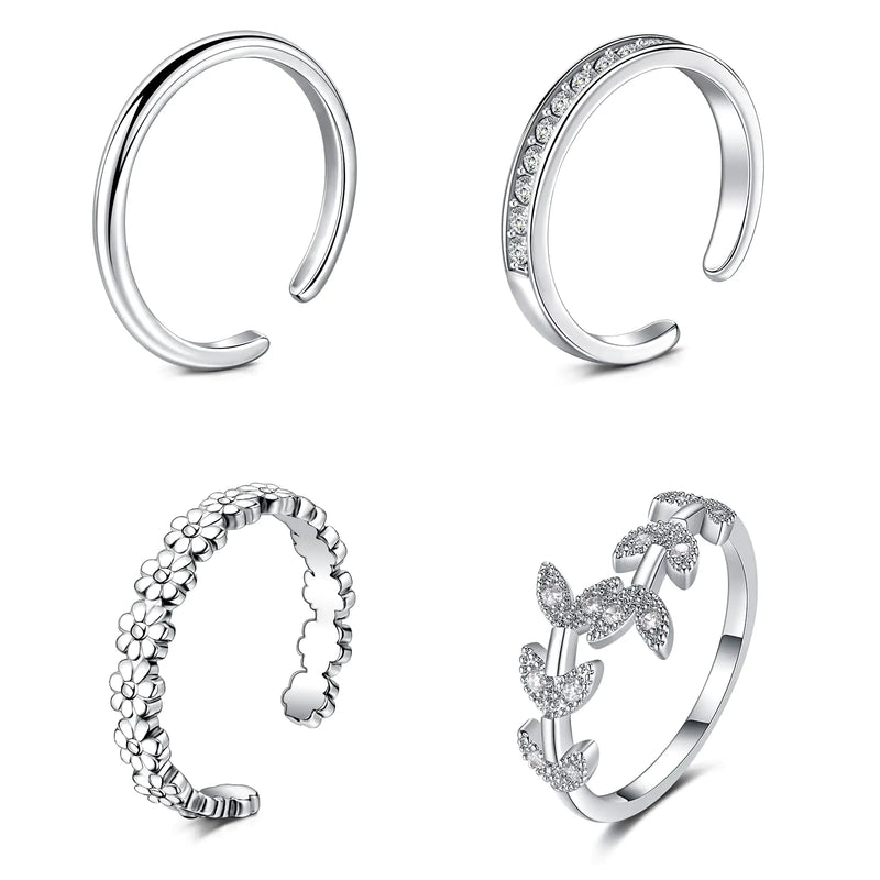 Silver Toe Rings for Women - 4 Piece Adjustable Beach Foot Jewelry Set