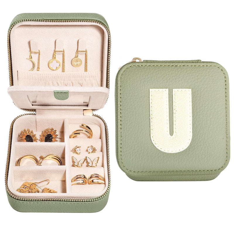 S.Leaf Initial Travel Jewelry Case – Personalized Jewelry Organizer Box for Women (Letter U)