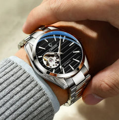 Men's Automatic Hollow Mechanical Watch – Open-Heart Dial, Leather Strap