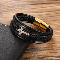 Men's Retro Braided Leather & Steel Bracelet