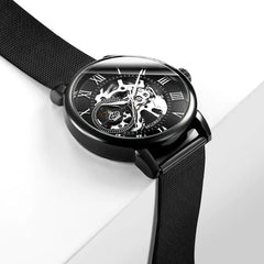 Men's Mechanical Watch with Hollow Roman Dial & Leather Band