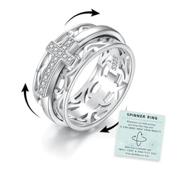 Sterling Silver Cross Fidget Ring - Anxiety Relief Spinner Ring for Women