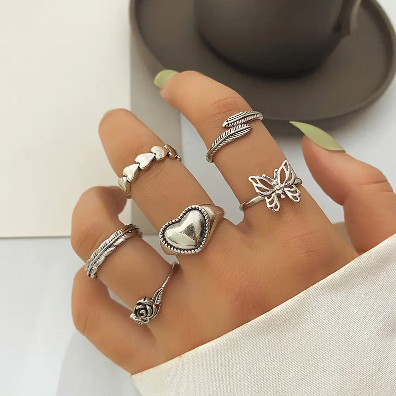 Retro Distressed Feather Rose Butterfly Love Ring Set