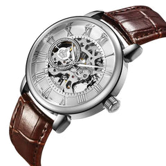 Men's Mechanical Watch with Hollow Roman Dial & Leather Band