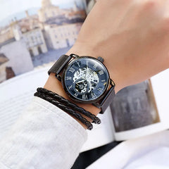 Men's Mechanical Watch with Hollow Roman Dial & Leather Band