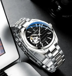 Men's Automatic Hollow Mechanical Watch – Open-Heart Dial, Leather Strap
